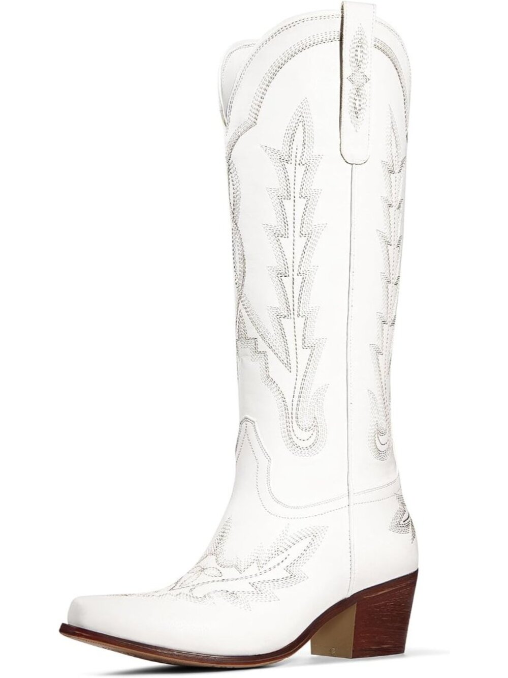 Women's White Knee High Classic Embroidered Pull On Pointed Toe Chunky Heel Boot